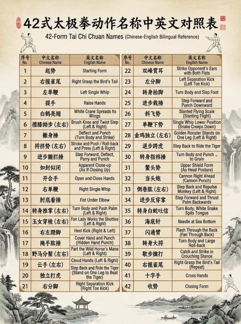 42-style Taijiquan movement name sequence table
