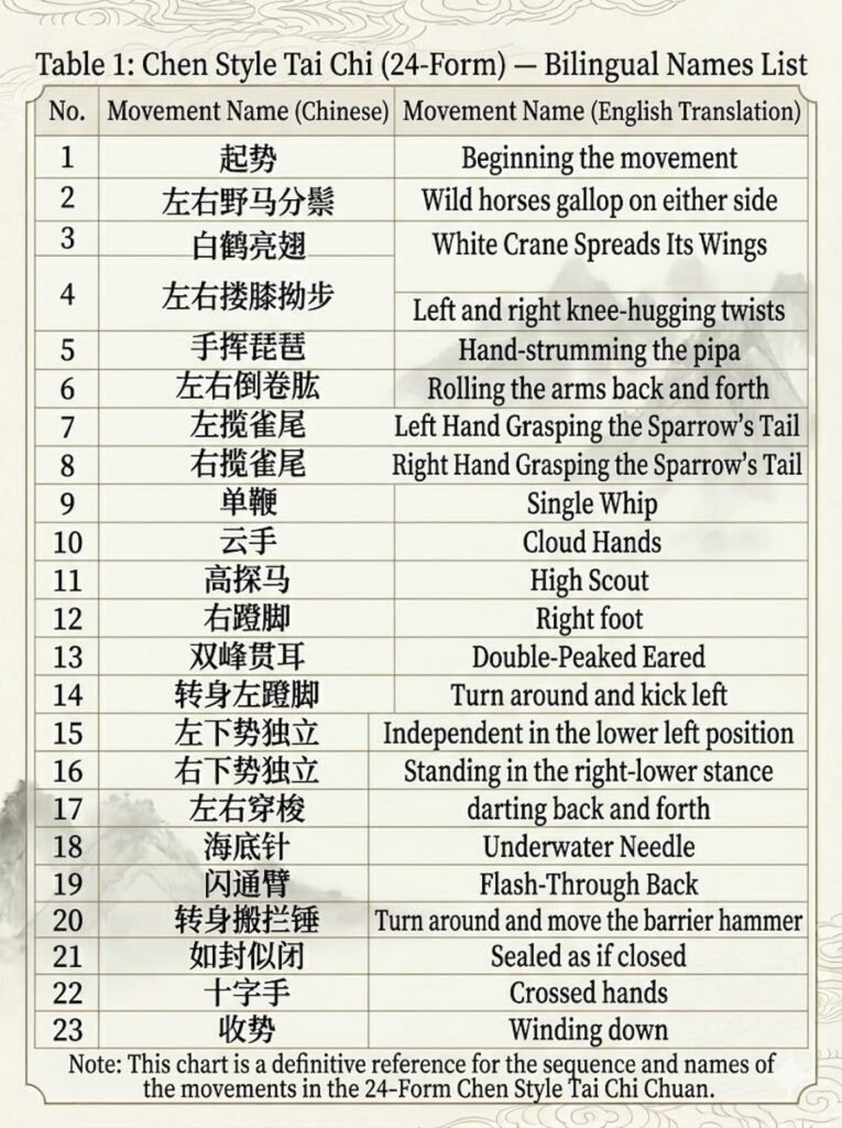 24-style Taijiquan movement name sequence table