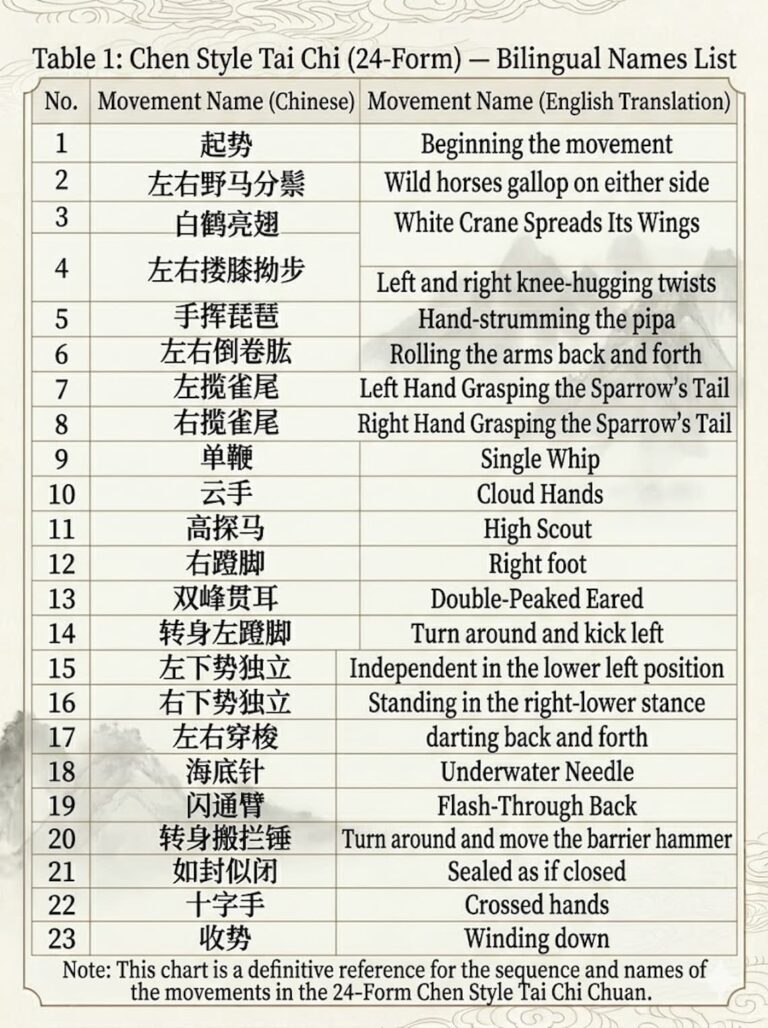 24-style Taijiquan movement name sequence table