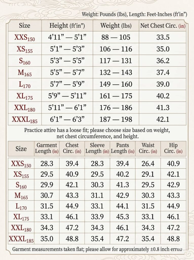 Size Chart for Short-Sleeve Tai Chi Uniforms